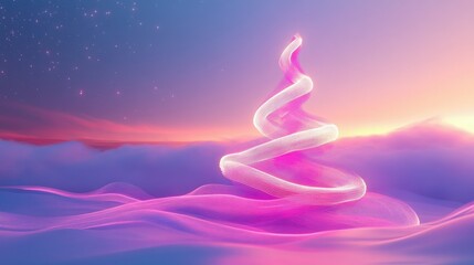 Fototapete - A luminous neon Christmas tree with flowing magenta lines, set in a tranquil pastel-colored environment.