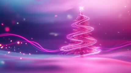 Fototapete - A luminous neon Christmas tree with flowing magenta lines, set in a tranquil pastel-colored environment.