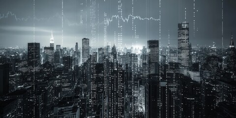 Fototapete - A digital city skyline with a futuristic aesthetic, featuring skyscrapers and a data overlay, evoking a sense of technology and urban life.