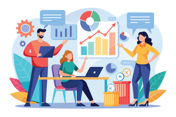 Poster - A group collaborates in an office, analyzing growth charts to strategize for business development Teamwork analyzing business growth charts, illustrated in a flat style.