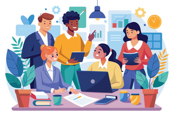 Poster - A group of professionals engages in collaborative discussion around a laptop, sharing ideas and insights Teamwork and communication in the office illustrated through coworking and brainstorming.