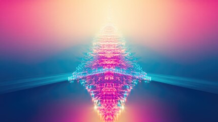 Fototapete - Abstract glowing Christmas tree radiating neon lights, with its reflection creating symmetry on a pastel background.