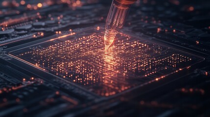 Fototapete - A close-up of a microchip where light interacts with circuit patterns, showcasing advanced technology and digital innovation.