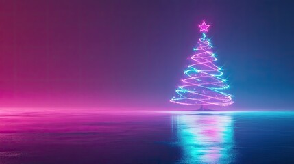 Fototapete - Abstract glowing neon Christmas tree in magenta and cyan, its light creating reflections on a sleek pastel floor.