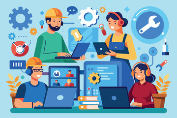 Poster - Technical support technicians collaborating on laptop solutions in a modern workspace, Technical and laptop support technicians offering repair services, illustrated in a flat style.