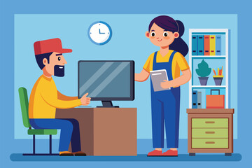 Poster - A customer hands a computer screen to a technician for repair at a service center The customer takes the computer screen to a repairman.