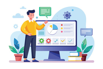 Poster - a man points to a management website on a computer, explaining the features and data displayed the m