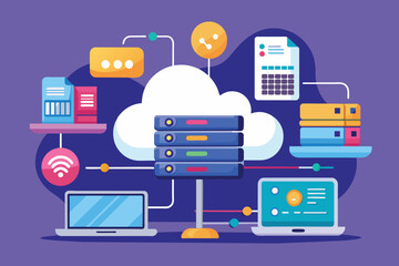 Poster - A digital representation showing cloud data storage with servers and various connected devices exchanging information The system automatically saves data with the cloud, flat Illustration.