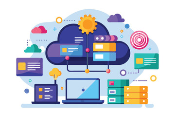 Poster - A digital illustration showing a cloud storage system connecting various devices for data management The system automatically saves data with the cloud, flat Illustration.