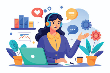 Poster - the woman explains customer service principles and management techniques while sitting at her desk t