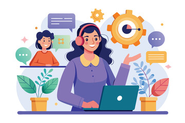Poster - A woman discusses customer service strategies while assisting a client virtually from her workspace The woman is explaining customer service and management using a flat illustration.