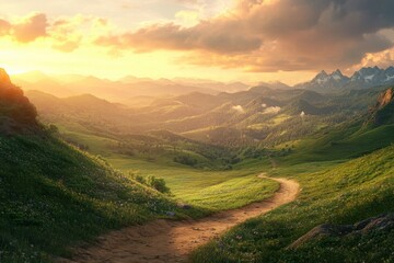 Wall Mural - Majestic mountain landscape rolling green hills winding dirt path misty valleys