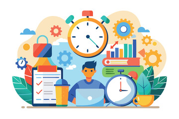 Poster - A person works on a laptop surrounded by clocks, gears, and task lists illustrating time management Time management for popular tasks, simple picture
