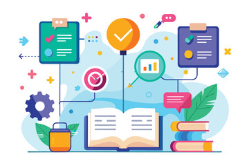 Poster - A vibrant graphic showcasing a book surrounded by charts, checklists, and symbols of productivity and learning Time to comprehend the guidelines, plain picture.