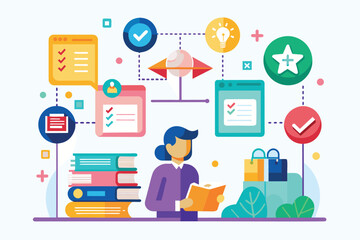Poster - A person reads a book surrounded by colorful icons representing tasks, organization, and learning tools Time to comprehend the guidelines, plain picture.