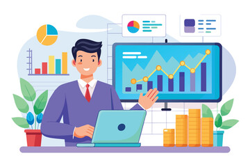 Poster - trading analyst explains a flat trend using charts on a laptop at a modern office workspace trading 