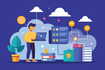Poster - A person uses a laptop to transfer data to cloud storage while surrounded by digital elements and plants Transfer data to cloud storage, using a flat illustration.