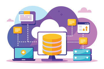 Poster - This visual showcases the process of transferring data to cloud storage using colorful icons and graphics Transferring data to cloud storage, simple picture