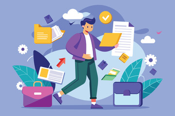 Poster - a person is actively transferring documents and files in an office environment filled with colorful 