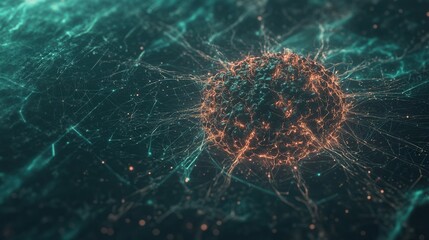 Poster - A digital representation of a virus or cellular structure, featuring glowing connections on a dark background, symbolizing technology and biology.