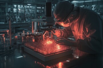 Poster - A scientist examines samples under a microscope in a high-tech laboratory environment, illuminated by glowing glassware and vibrant colors.