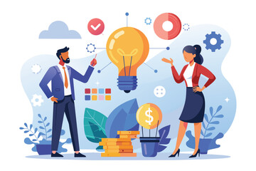 Poster - two business professionals engage in a discussion to brainstorm solutions and strategies for their p