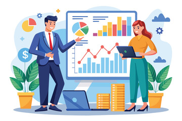 Poster - Two business professionals are studying stock market growth charts using digital tools in an office space Two business people studying stock market growth data, flat image