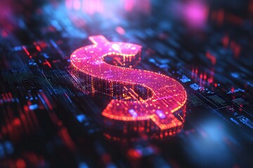 Poster - A glowing digital dollar sign against a backdrop of vibrant data streams, symbolizing finance, technology, and the future of money.