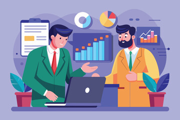 Poster - Two businessmen analyze business graphs on a laptop while discussing strategies in a bright office Two businessmen analyzing graphs on a laptop, flat illustration.