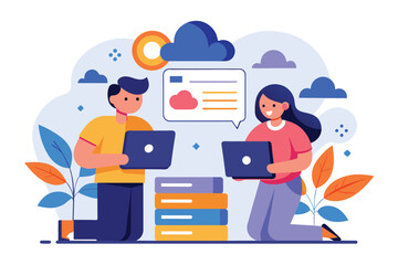 Poster - Two characters collaborate on cloud storage concepts with laptops, bright colors, and cloud symbols around them Two characters with cloud storage icon, simple illustration