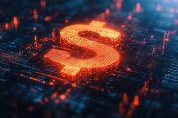 Poster - A glowing digital dollar sign amidst a high-tech, data-inspired background, symbolizing finance, technology, and cryptocurrency.