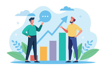 Poster - Two men are engaged in discussion about a graph showing flat growth, set in a contemporary environment Two men talking about a flat growth graph illustration.