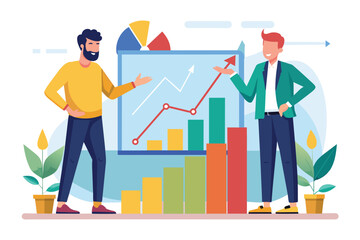 Poster - two men engage in a discussion about a flat growth graph, analyzing key trends and insights two men 