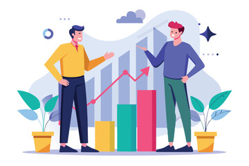 Poster - two men engage in a conversation about a flat growth graph in a contemporary office environment two 