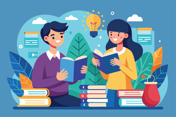 Poster - Two students engage in collaborative learning with books in a colorful and inspiring study space Two pairs learning together, illustrated in a flat style.