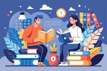 Poster - two people engage in an interactive brainstorming session while reading and discussing ideas two peo
