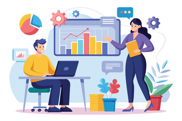 Poster - Two individuals discuss data trends while using a laptop and illustrating information visually in a workspace Two people showing data trends with a flat illustration.