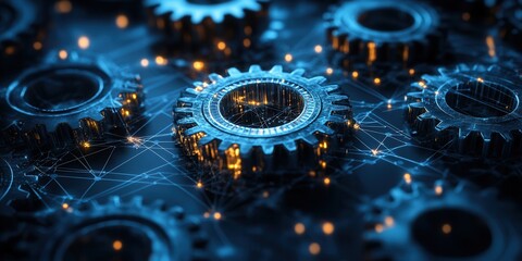 Poster - A close-up view of interconnected gears illuminated by blue lights, symbolizing technology, precision, and innovation in machinery.