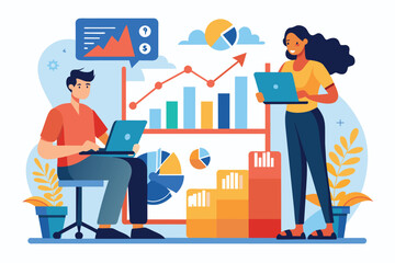 Poster - a man and woman are examining stock growth charts while studying data on their laptops in an office 