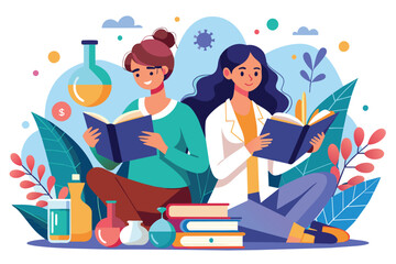 Poster - Two women are sitting together, engaged in reading science books in a vibrant outdoor environment Two women studying science by reading books, illustrated in a flat style.