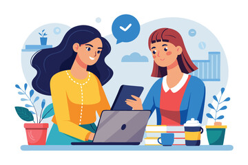 Poster - two women are discussing ideas while using a laptop and tablet in a colorful, modern workspace two w