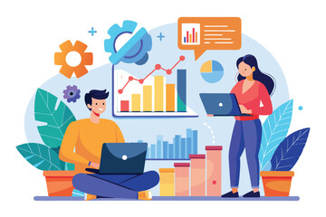 Poster - Two workers review growth graphs and diagrams while using laptops in a contemporary workspace Two workers analyze growth graphs, diagrams, and bar charts using laptops.