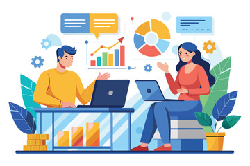 Poster - two workers engage in analysis, discussing growth graphs and diagrams at their desks in a contempora