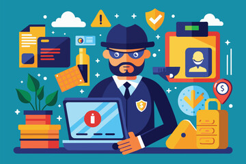 Poster - A cybersecurity professional reviews stolen data on a laptop, surrounded by security icons and alerts Unsafe data, stolen data, flat illustration.