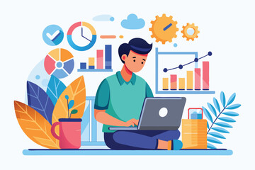 Poster - A person sits cross-legged with a laptop, reviewing business data and charts in a bright workspace Use a laptop to analyze business improvements with a flat illustration.