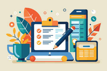 Poster - A workspace features a pen computer displaying a schedule, accompanied by a notepad, calendar, and plants Use pen, computer, and flat illustration to schedule paper.