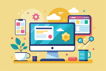 Poster - A colorful flat illustration displays a computer setup featuring plants, gears, and modern workspace items Using a computer screen for flat illustration.
