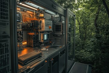 Poster - A futuristic tech setup integrated into a lush forest, blending nature and technology, showcasing intricate machinery and glowing components.
