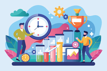 Poster - two professionals assess performance metrics and time management with vibrant graphical elements aro