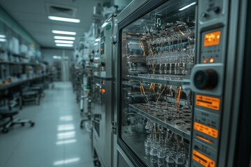 Poster - A high-tech laboratory features intricate glassware and advanced equipment, reflecting a clean, organized environment for scientific research and experimentation.